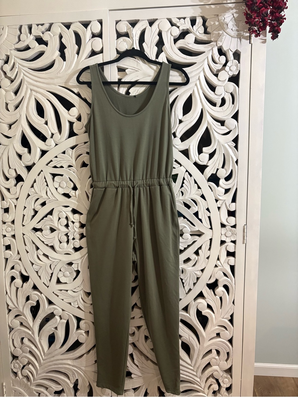 Sleeveless Olive Green Drawstring-Waist Jumpsuit